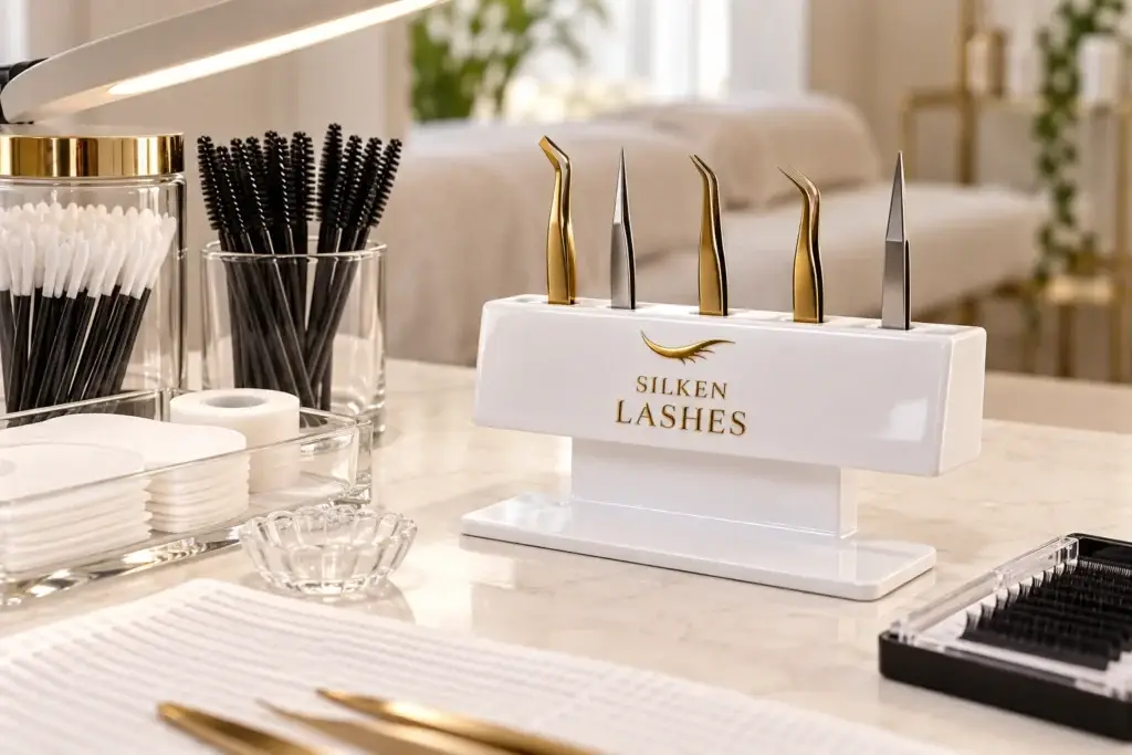 Uporządkowane stanowisko stylistki rzęs z pęsetami, szczoteczkami i akcesoriami Silken Lashes.