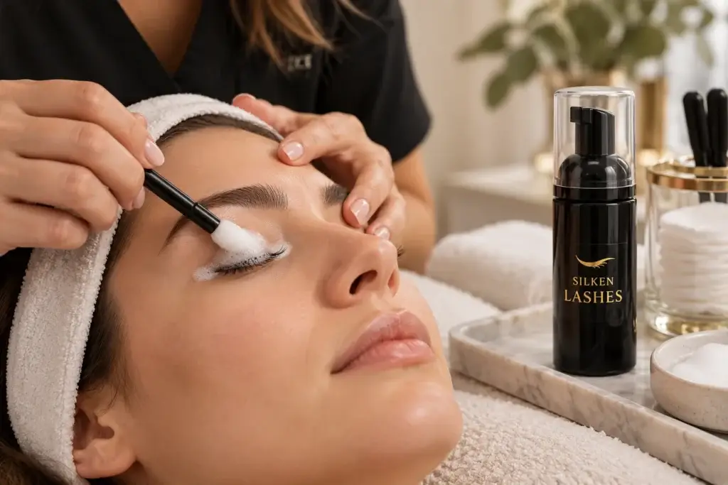 Stylistka oczyszcza rzęsy klientki przed aplikacją; obok stoją akcesoria Silken Lashes.